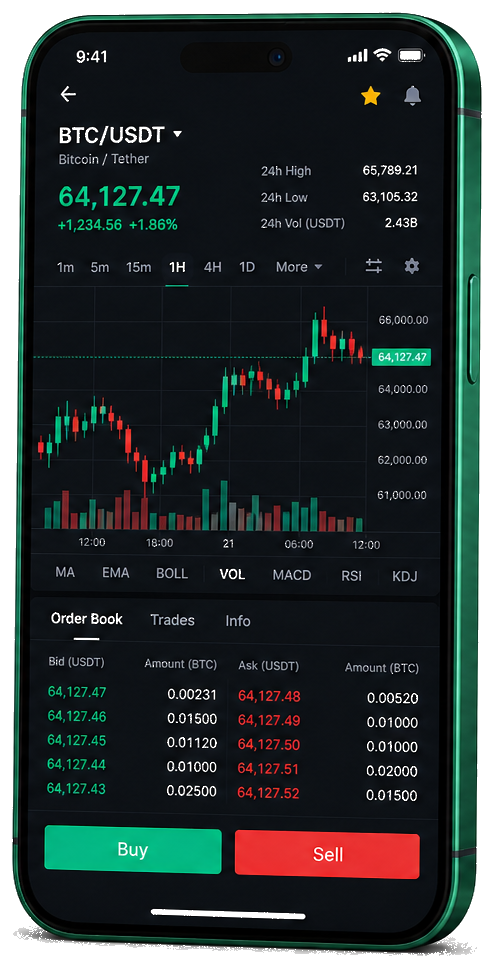 Ecrã móvel de trading Amplopouparia — dados BTC/USDT em tempo real, livro de ordens e ferramentas para execução